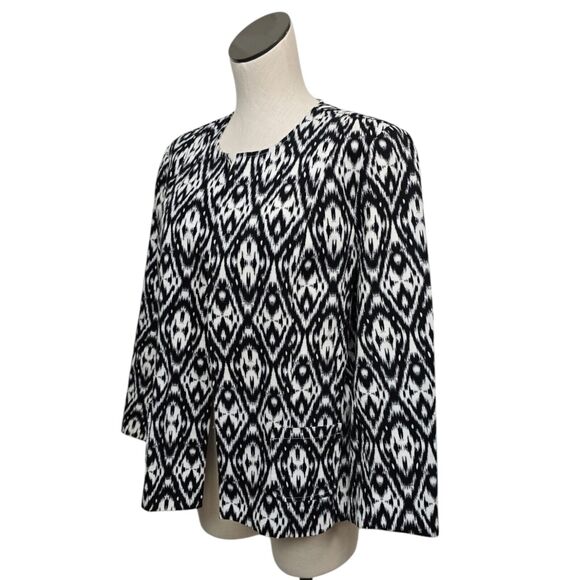 Chicos Geometric Ikat Jacket‎ 2 (L/ 12) Open Blazer Cotton Blend Black & White - Picture 8 of 11